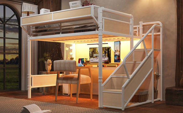 English Elm Queen Industrial Loft Bed with Desk Power Outlet Led Lighting Wardrobe and Stair Storage White W5305S00184