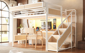 English Elm Queen Industrial Loft Bed with Desk Power Outlet Led Lighting Wardrobe and Stair Storage White W5305S00184