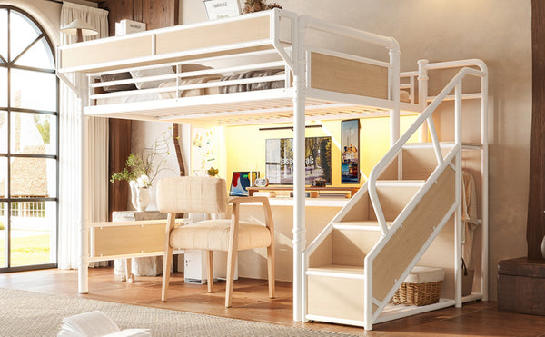 English Elm Queen Industrial Loft Bed with Desk Power Outlet Led Lighting Wardrobe and Stair Storage White W5305S00184