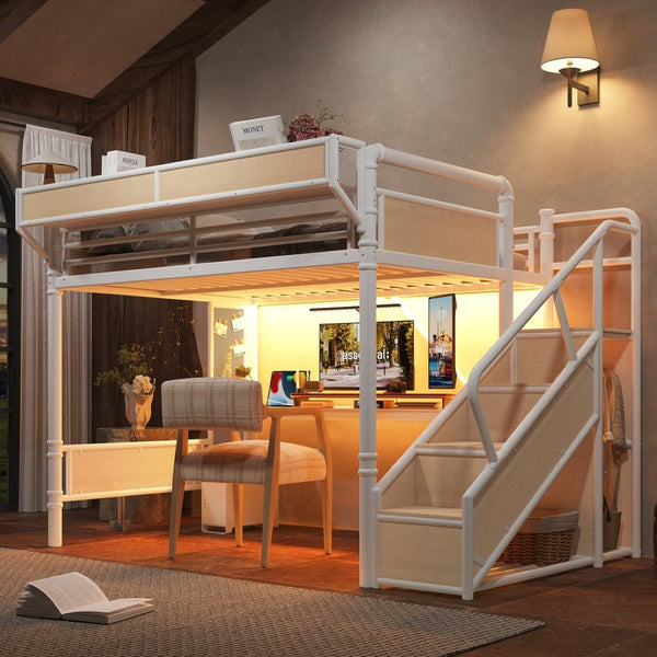 English Elm Queen Industrial Loft Bed with Desk Power Outlet Led Lighting Wardrobe and Stair Storage White W5305S00184