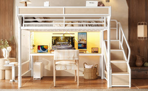 English Elm Queen Industrial Loft Bed with Desk Power Outlet Led Lighting Wardrobe and Stair Storage White W5305S00184