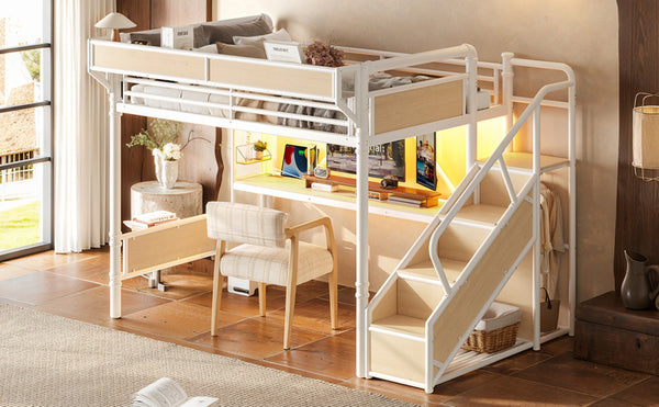 English Elm Queen Industrial Loft Bed with Desk Power Outlet Led Lighting Wardrobe and Stair Storage White W5305S00184
