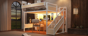 English Elm Queen Industrial Loft Bed with Desk Power Outlet Led Lighting Wardrobe and Stair Storage White W5305S00184