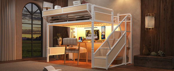 English Elm Queen Industrial Loft Bed with Desk Power Outlet Led Lighting Wardrobe and Stair Storage White W5305S00184