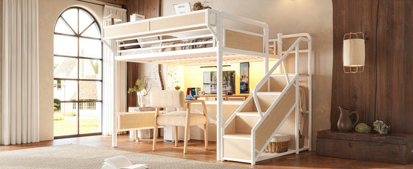 English Elm Queen Industrial Loft Bed with Desk Power Outlet Led Lighting Wardrobe and Stair Storage White W5305S00184