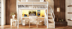 English Elm Queen Industrial Loft Bed with Desk Power Outlet Led Lighting Wardrobe and Stair Storage White W5305S00184