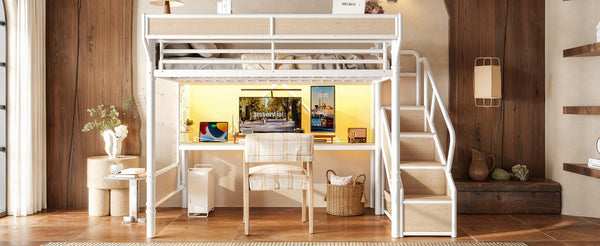 English Elm Queen Industrial Loft Bed with Desk Power Outlet Led Lighting Wardrobe and Stair Storage White W5305S00184