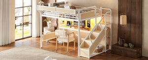 English Elm Queen Industrial Loft Bed with Desk Power Outlet Led Lighting Wardrobe and Stair Storage White W5305S00184