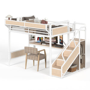 English Elm Queen Industrial Loft Bed with Desk Power Outlet Led Lighting Wardrobe and Stair Storage White W5305S00184