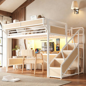 English Elm Queen Industrial Loft Bed with Desk Power Outlet Led Lighting Wardrobe and Stair Storage White W5305S00184