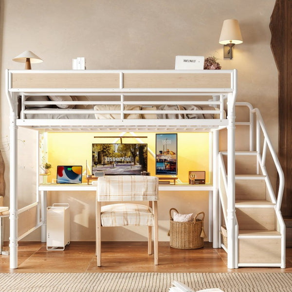 English Elm Queen Industrial Loft Bed with Desk Power Outlet Led Lighting Wardrobe and Stair Storage White W5305S00184