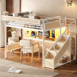 English Elm Queen Industrial Loft Bed with Desk Power Outlet Led Lighting Wardrobe and Stair Storage White W5305S00184