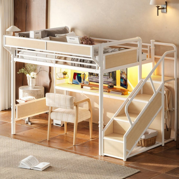 English Elm Queen Industrial Loft Bed with Desk Power Outlet Led Lighting Wardrobe and Stair Storage White W5305S00184