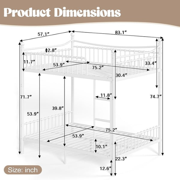 English Elm Full Over Bunk Bed Solid Round Tube Frame Arched Rails Vintage Kids Room White 83.07 L x 57.09 W x 74.72 H Metal W5305S00188