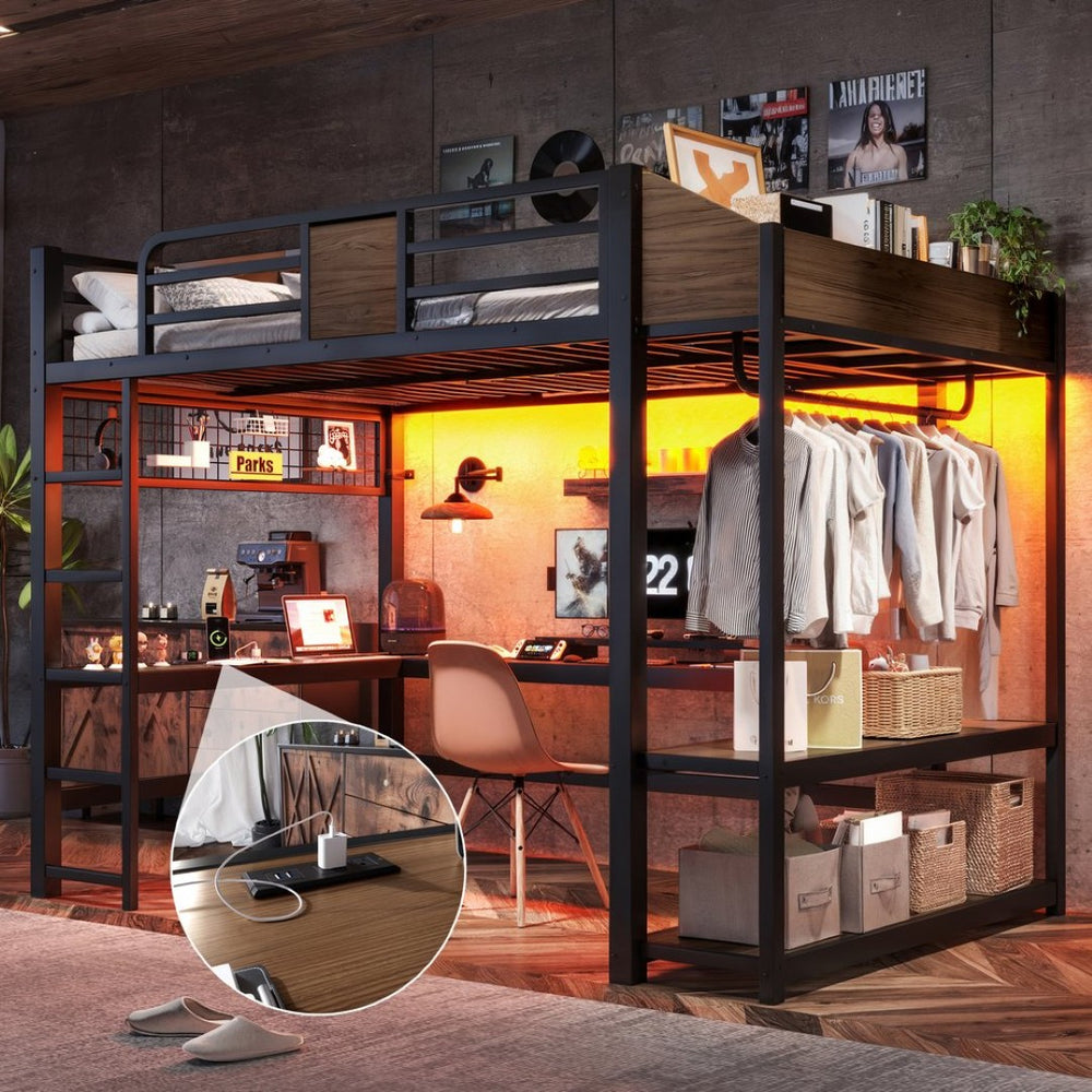 English Elm Full Metal Loft Bed with L-shaped Desk Led Lighting Usb Ports and Storage Shelves W5305S00191