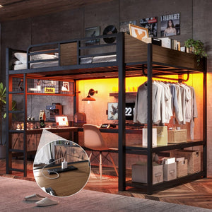 English Elm Full Metal Loft Bed with L-shaped Desk Led Lighting Usb Ports and Storage Shelves W5305S00191
