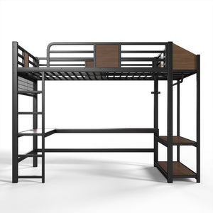 English Elm Full Metal Loft Bed with L-shaped Desk Led Lighting Usb Ports and Storage Shelves W5305S00191