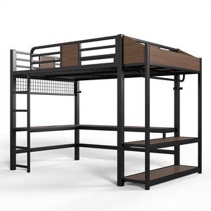 English Elm Full Metal Loft Bed with L-shaped Desk Led Lighting Usb Ports and Storage Shelves W5305S00191