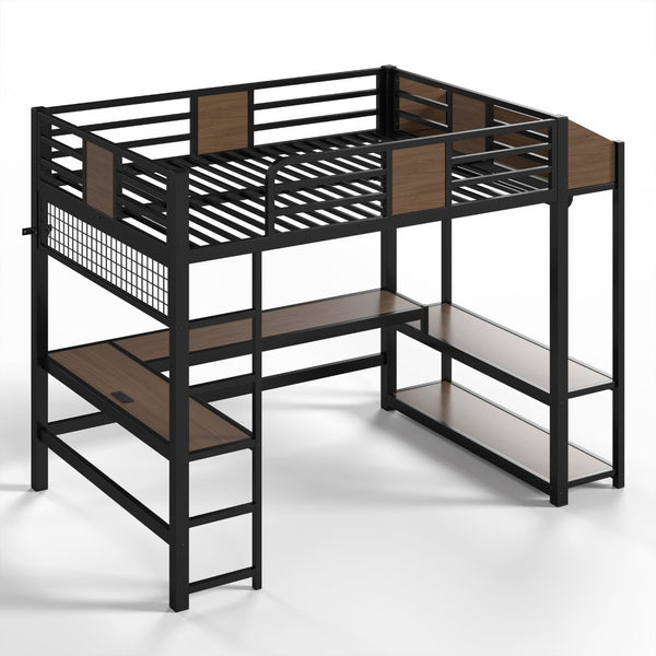 English Elm Full Metal Loft Bed with L-shaped Desk Led Lighting Usb Ports and Storage Shelves W5305S00191