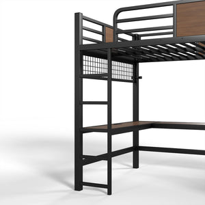 English Elm Full Metal Loft Bed with L-shaped Desk Led Lighting Usb Ports and Storage Shelves W5305S00191