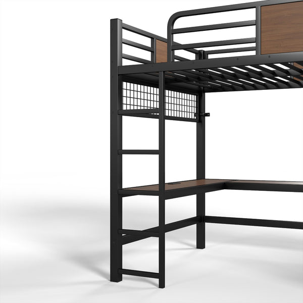 English Elm Full Metal Loft Bed with L-shaped Desk Led Lighting Usb Ports and Storage Shelves W5305S00191