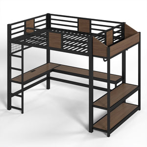 English Elm Full Metal Loft Bed with L-shaped Desk Led Lighting Usb Ports and Storage Shelves W5305S00191