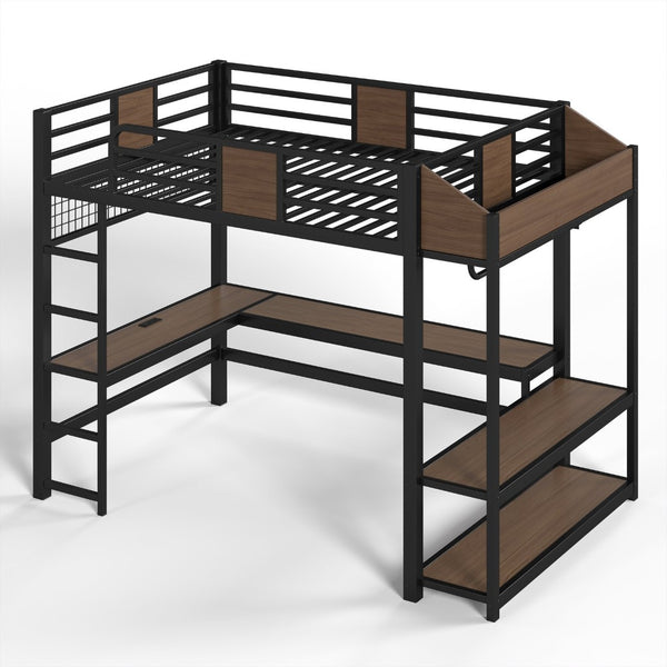 English Elm Full Metal Loft Bed with L-shaped Desk Led Lighting Usb Ports and Storage Shelves W5305S00191
