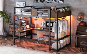 English Elm Full Metal Loft Bed with L-shaped Desk Led Lighting Usb Ports and Storage Shelves W5305S00191