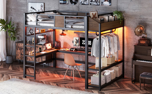 English Elm Full Metal Loft Bed with L-shaped Desk Led Lighting Usb Ports and Storage Shelves W5305S00191
