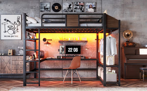 English Elm Full Metal Loft Bed with L-shaped Desk Led Lighting Usb Ports and Storage Shelves W5305S00191