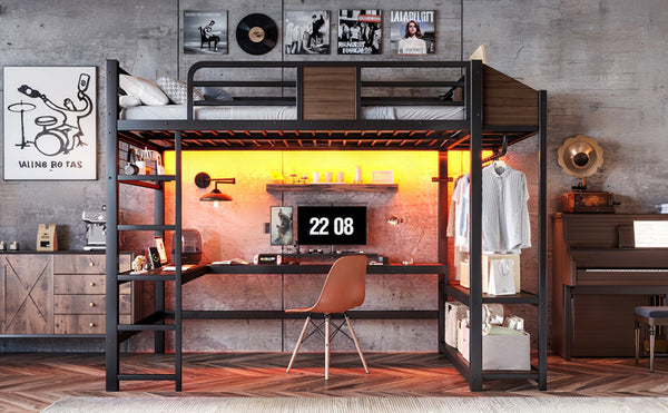 English Elm Full Metal Loft Bed with L-shaped Desk Led Lighting Usb Ports and Storage Shelves W5305S00191