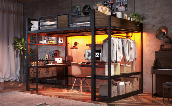 English Elm Full Metal Loft Bed with L-shaped Desk Led Lighting Usb Ports and Storage Shelves W5305S00191