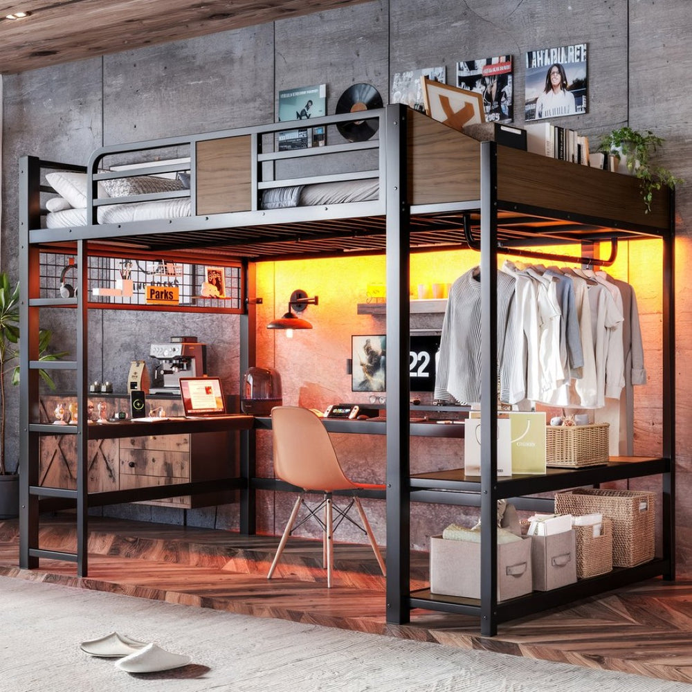 English Elm Full Metal Loft Bed with L-shaped Desk Led Lighting Usb Ports and Storage Shelves W5305S00191