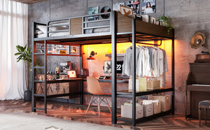 English Elm Full Metal Loft Bed with L-shaped Desk Led Lighting Usb Ports and Storage Shelves W5305S00191