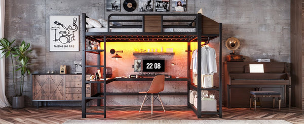 English Elm Full Metal Loft Bed with L-shaped Desk Led Lighting Usb Ports and Storage Shelves W5305S00191