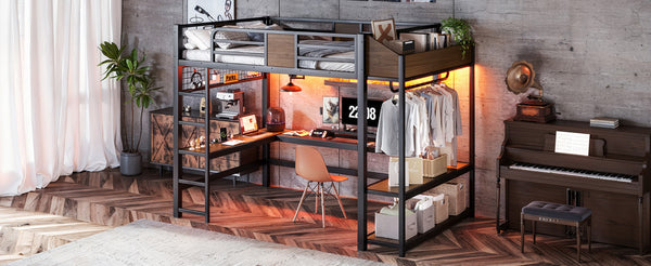 English Elm Full Metal Loft Bed with L-shaped Desk Led Lighting Usb Ports and Storage Shelves W5305S00191