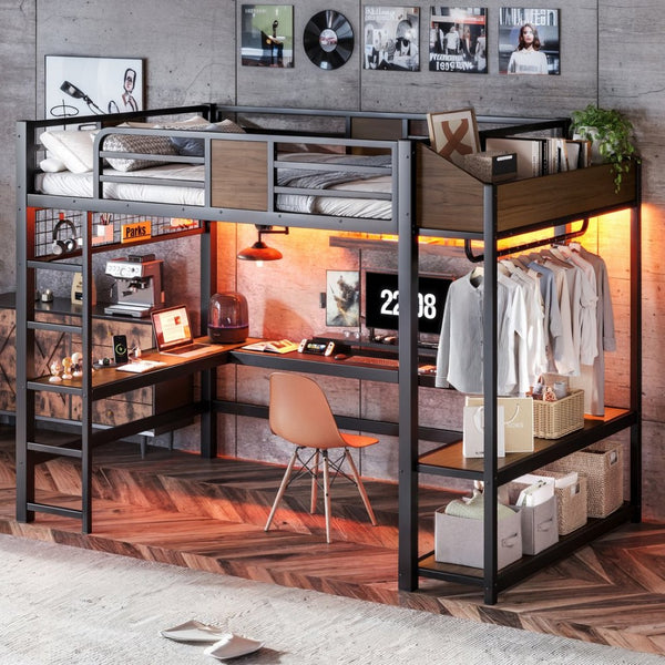 English Elm Full Metal Loft Bed with L-shaped Desk Led Lighting Usb Ports and Storage Shelves W5305S00191