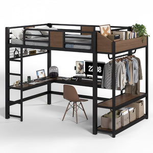 English Elm Full Metal Loft Bed with L-shaped Desk Led Lighting Usb Ports and Storage Shelves W5305S00191
