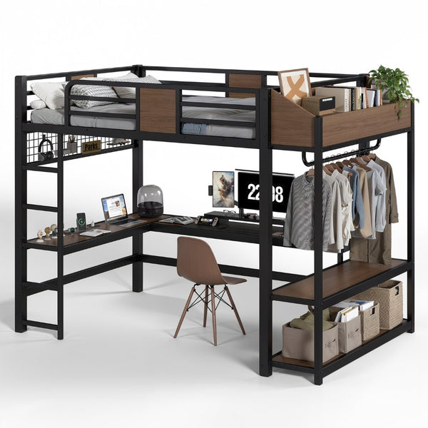 English Elm Full Metal Loft Bed with L-shaped Desk Led Lighting Usb Ports and Storage Shelves W5305S00191