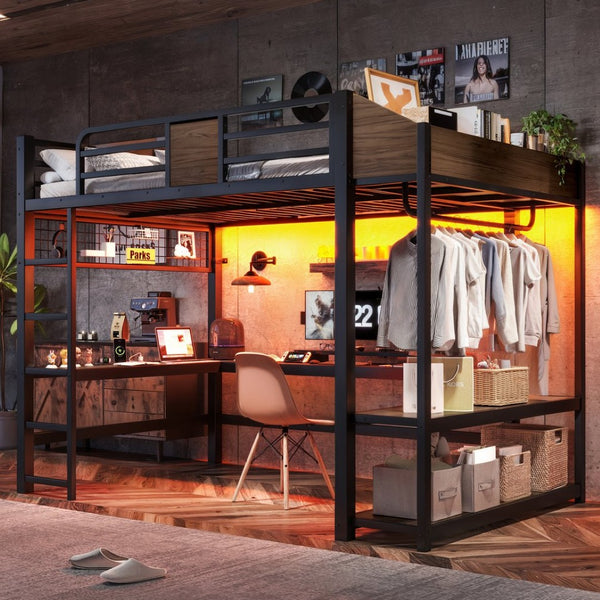 English Elm Full Metal Loft Bed with L-shaped Desk Led Lighting Usb Ports and Storage Shelves W5305S00191