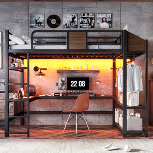 English Elm Full Metal Loft Bed with L-shaped Desk Led Lighting Usb Ports and Storage Shelves W5305S00191