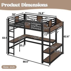 English Elm Full Metal Loft Bed with L-shaped Desk Led Lighting Usb Ports and Storage Shelves W5305S00191