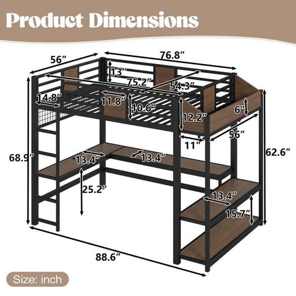 English Elm Full Metal Loft Bed with L-shaped Desk Led Lighting Usb Ports and Storage Shelves W5305S00191