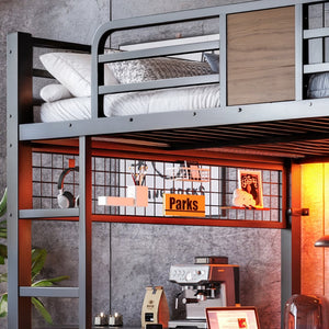 English Elm Full Metal Loft Bed with L-shaped Desk Led Lighting Usb Ports and Storage Shelves W5305S00191