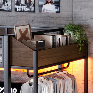 English Elm Full Metal Loft Bed with L-shaped Desk Led Lighting Usb Ports and Storage Shelves W5305S00191