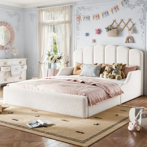 English Elm Full Plush Teddy Upholstered Floor Bed Scalloped Headboard Low Profile Kids Frame Queen Antique White W5305S00195