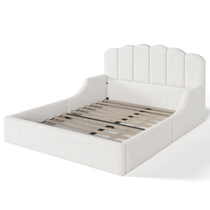 English Elm Full Plush Teddy Upholstered Floor Bed Scalloped Headboard Low Profile Kids Frame Queen Antique White W5305S00195