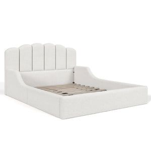English Elm Full Plush Teddy Upholstered Floor Bed Scalloped Headboard Low Profile Kids Frame Queen Antique White W5305S00195