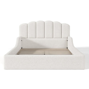 English Elm Full Plush Teddy Upholstered Floor Bed Scalloped Headboard Low Profile Kids Frame Queen Antique White W5305S00195