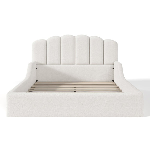English Elm Full Plush Teddy Upholstered Floor Bed Scalloped Headboard Low Profile Kids Frame Queen Antique White W5305S00195